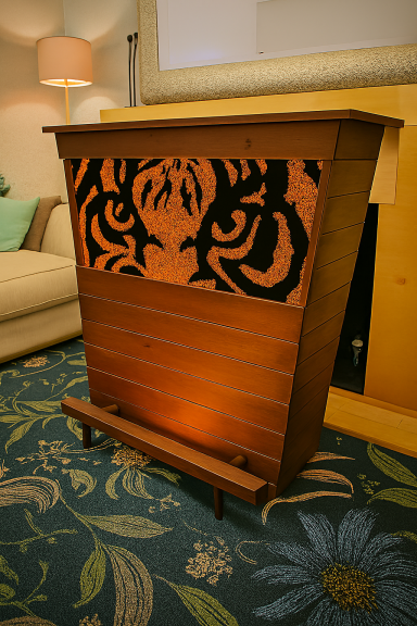 The Sprit Den bar counter, handcrafted, wood cabinet, storage unit, lamp, wine, whiskey, man cave, home bar, Manchester, custom design, shelf, unique bar