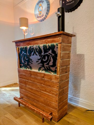 The Sprit Den bar counter, handcrafted, wood cabinet, storage unit, lamp, wine, whiskey, man cave, home bar, Manchester, custom design, shelf, unique bar