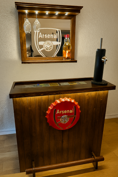 Timber & Tonic rustic, Irish pub, beer dispenser, alcohol storage unit, Arsenal football club, FA cup, EFL cup, Champions League, FIFA, UEFA, Europa league