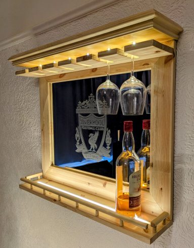 The Mirror Malt wooden bar, decorative shelf, home bar, unique furniture Manchester, furniture man cave, interior designers, LFC, football club