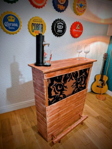 The Sprit Den bar counter, handcrafted, wood cabinet, storage unit, lamp, wine, whiskey, man cave, home bar, Manchester, custom design, shelf, unique bar