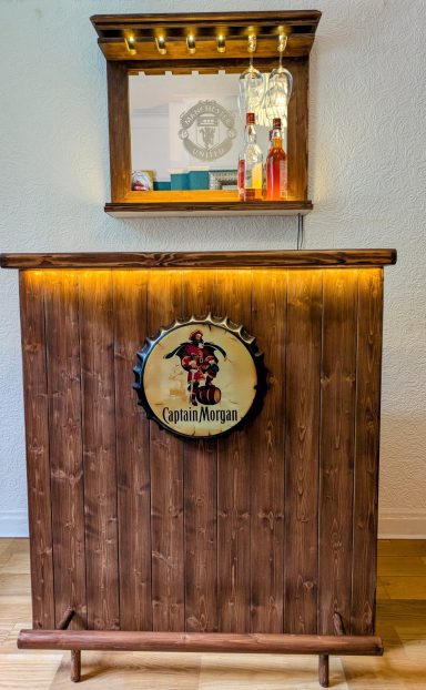 The Mirror Malt home bar furniture, led bar shelf, liquor shelf, bespoke furniture, Manchester, handcrafted, Man U, football clubs, rum, liquor, dispenser